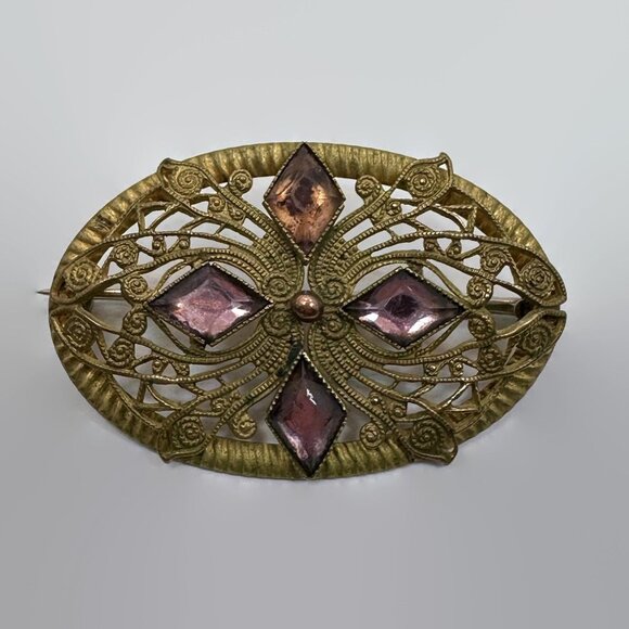 Jewelry - Victorian Brooch, Edwardian, Purple, Filagree, Rhinestones, 2" Long, Vintage